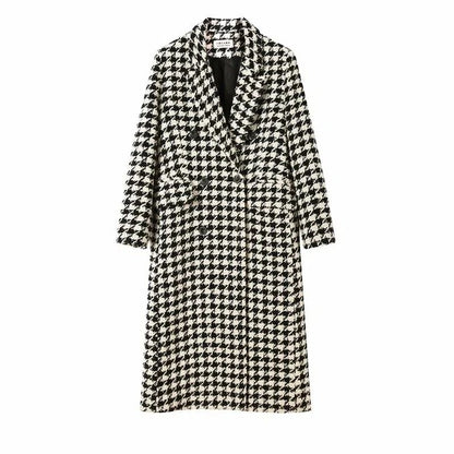 Women Autumn Winter Woolen Coat 2025 New Women Double Breasted Coat Korean Houndstooth Mid-Length Woolen Coat Lady Winter Jacket
