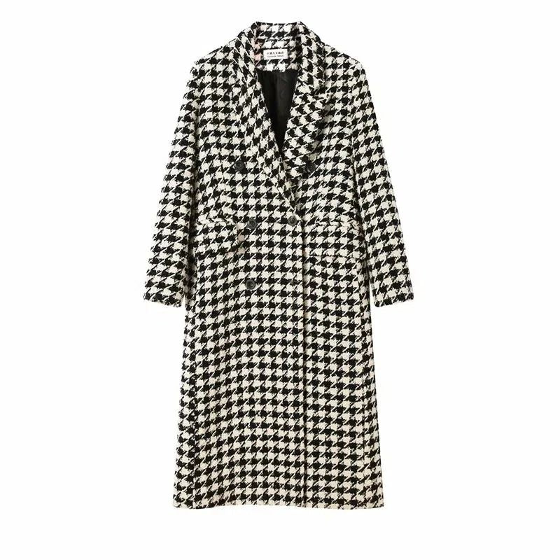 Women Autumn Winter Woolen Coat 2025 New Women Double Breasted Coat Korean Houndstooth Mid-Length Woolen Coat Lady Winter Jacket