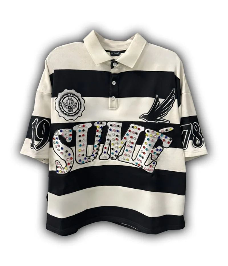 Y2K Harajuku Sume Gothic Klein Stone Embroidery Loose Long Sleeved T Shirt Hip Hop Men Women Stripe Polo Shirt Lapel Neck Shirt