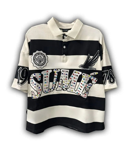 Y2K Harajuku Sume Gothic Klein Stone Embroidery Loose Long Sleeved T Shirt Hip Hop Men Women Stripe Polo Shirt Lapel Neck Shirt