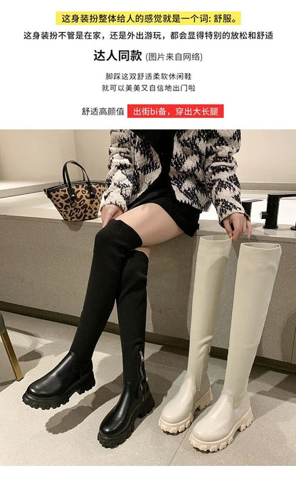 Women's Solid Color Chunky Heel Boots, Stylish Side Zipper Over The Knee Boots, Fashion Platform Long Boots