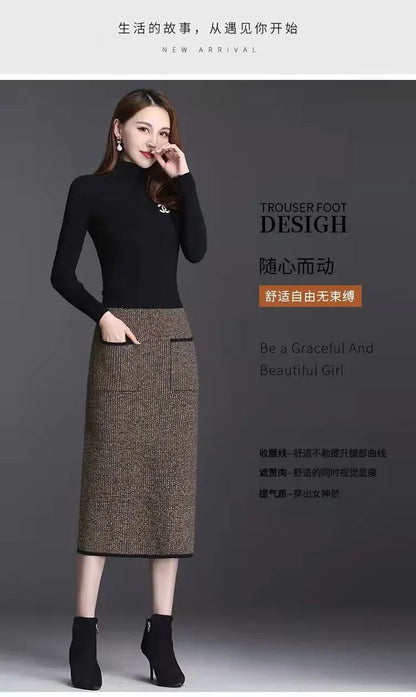 New Style Gold Mink Cashmere Elastic High Waist Office Lady Knee-length Skirts Solid Split Fork Hip Wrap Skirt High Elasticity