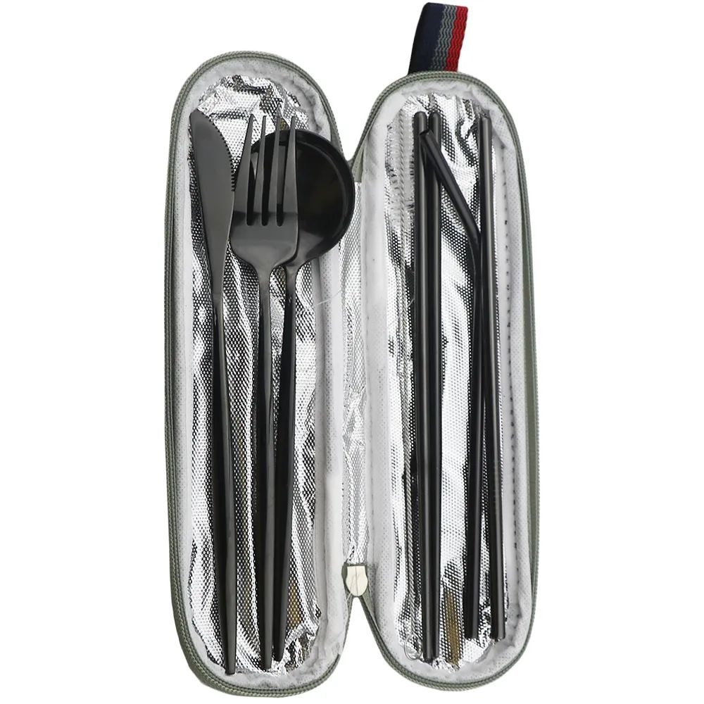 Travel Hiking Portable Dinnerware Set with Pouch Reusable Stainless Steel Straw Cutlery Knife Spoon Fork Chopsticks Silverware