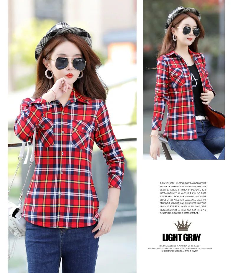 Women's Fleece Lined Long Sleeve Shirt Mid Length Thick Winter Warm Korean Style Elastic plus Size Plaid Patterned Button up