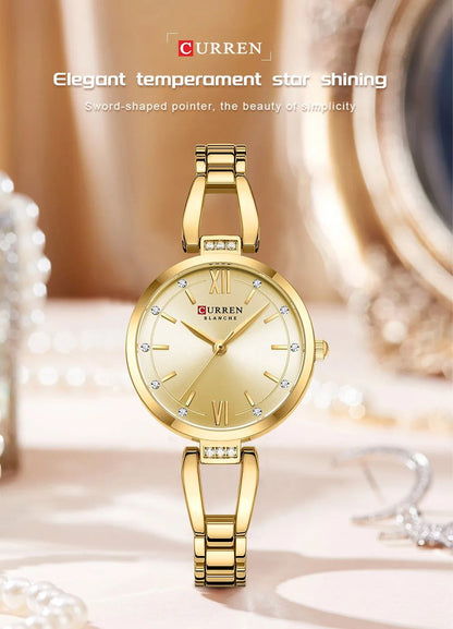 CURREN Luxury Elegance Ladies Watch with Sparkling Rhinestones Simple Quartz Stainless Steel Bracelet Wristwatch