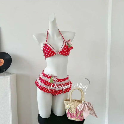 2025 New Bikini Set Cherry Pattern Three Pieces Cute Beach Vacation Swimsuit Ins Style Pure Desire Girl Adorable Split Design