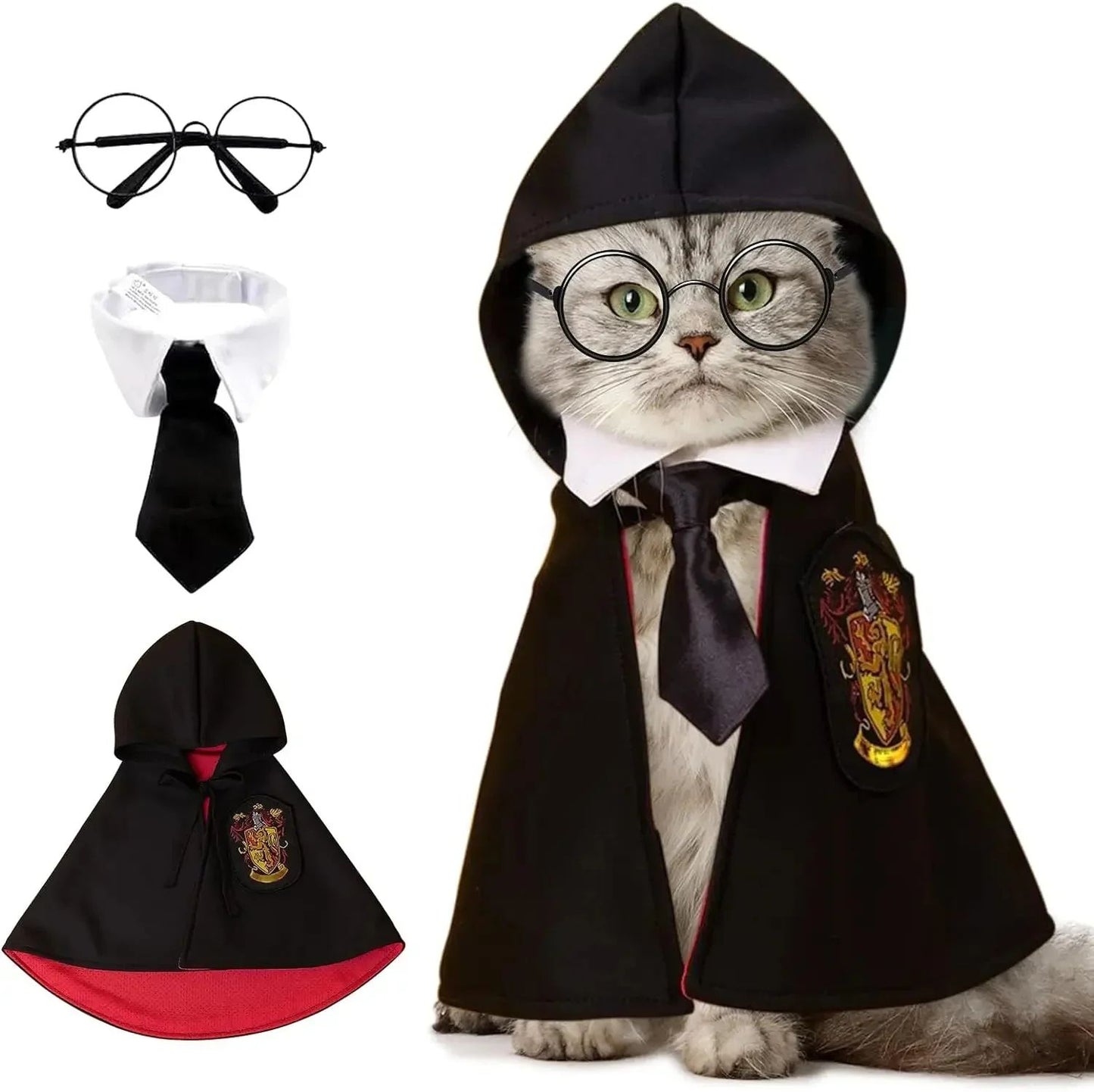 Capa de Halloween Cosplay Roupinha de Cachorro Fofa Manto Mágico Colegial Pequeno Óculos Gravata Acessórios para Pescoço Xale para Pet Roupinha de Outono