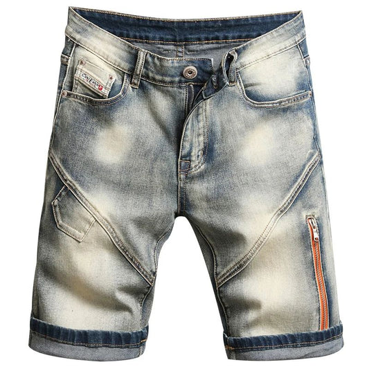 2025 New Patchwork Vintage Old Denim Shorts Men's Summer High Street Fashion Brand Five Points Medium Pants Motorcycle Zipper