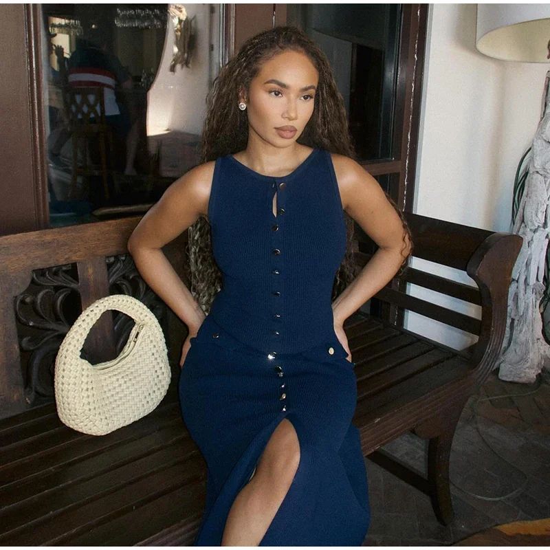 2024 Summer Elegant Lady Knitted Single Breasted Long Dresses Women Solid Sleeve