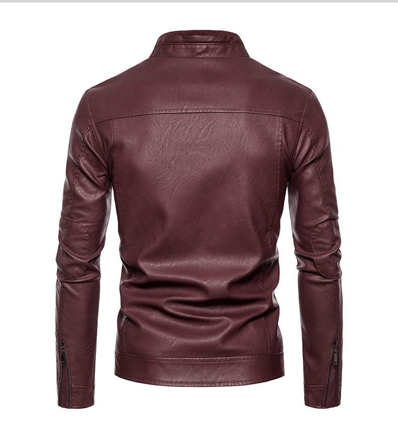Spring Autumn Men Motorcycle Jacket Retro Slim Fit Casual Coat Stand Collar Leather Jackets Zipper Outerwear Windproof PU Coat