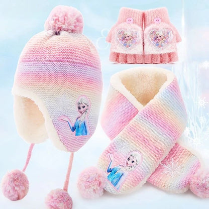 Conjunto infantil de gorro de lã e cachecol com animação da Elsa de Frozen da Disney, desenho animado, inverno, forro de veludo, espesso para manter aquecido