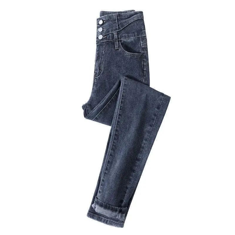 High Waist Slim Fit Fleece Lined Thickened Pencil Long Jeans Women's Autumn Winter New Style Fashionable And Elegant