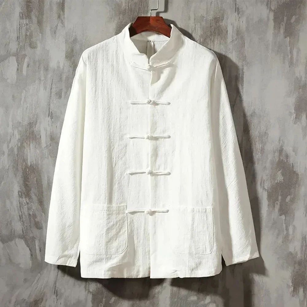 Casual Men's Chinese Style Linen Shirts Stand Collar Traditional Kung Fu Tai Chi Shirt Coat Tang Suit Uniform Jacket Men Clothes