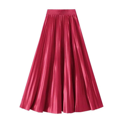 High Waist Satin Pleated Skirt 1 Meter Long Floor Length Pearl Glitter A- Line Umbrella Half Body Skirts Polyester Fiber