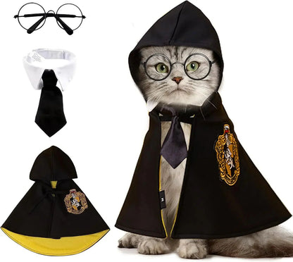 Capa de Halloween Cosplay Roupinha de Cachorro Fofa Manto Mágico Colegial Pequeno Óculos Gravata Acessórios para Pescoço Xale para Pet Roupinha de Outono