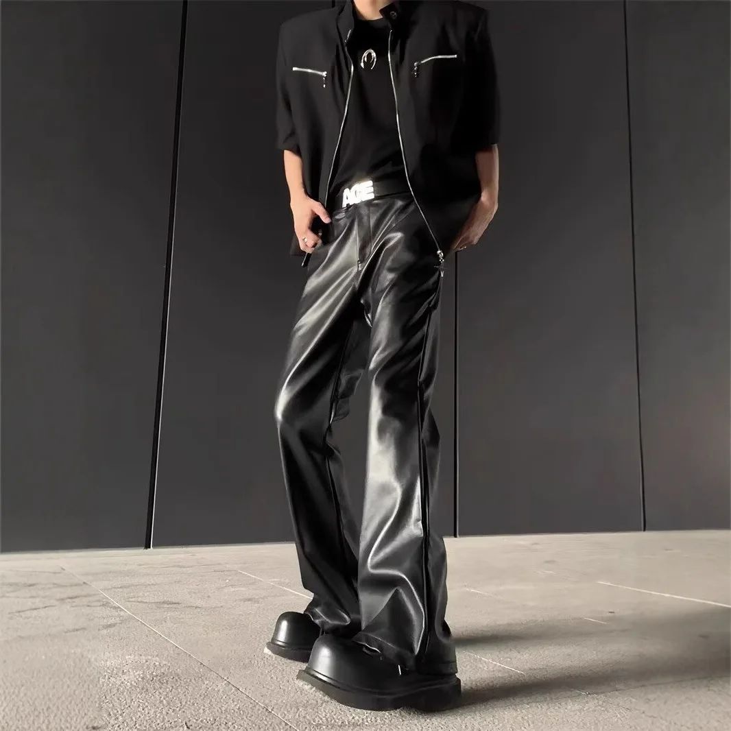 American Retro High-End PU Leather Casual Pants Men's Niche Design Loose Wide Leg Versatile Long Trousers