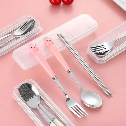 Talheres Portáteis de Desenho Animado com Estojo Utensílios de Cozinha Reutilizáveis Talheres Incluem Garfo Colher para Crianças