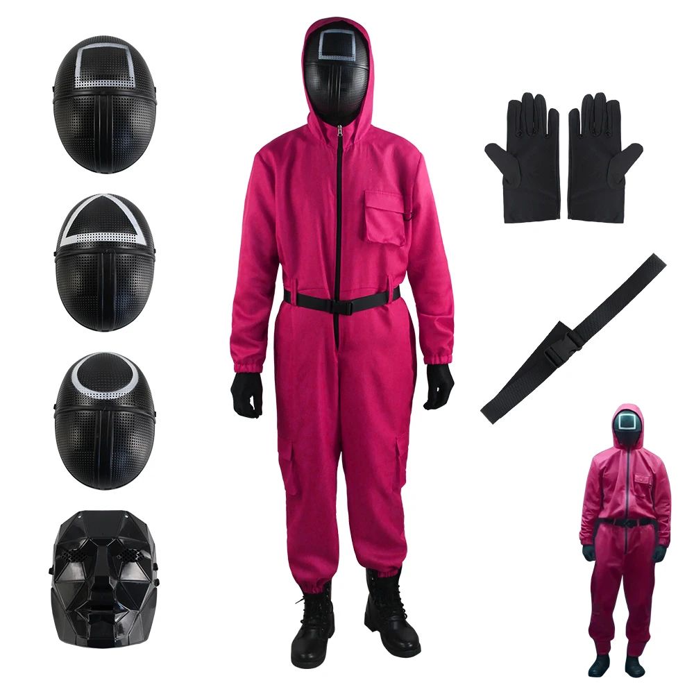 Adult Calamari Game Costume Guard Cosplay Jumpsuit Outfit Teenagers Tracksuit Hooded Overall Belt Gloves Mask Set Halloween