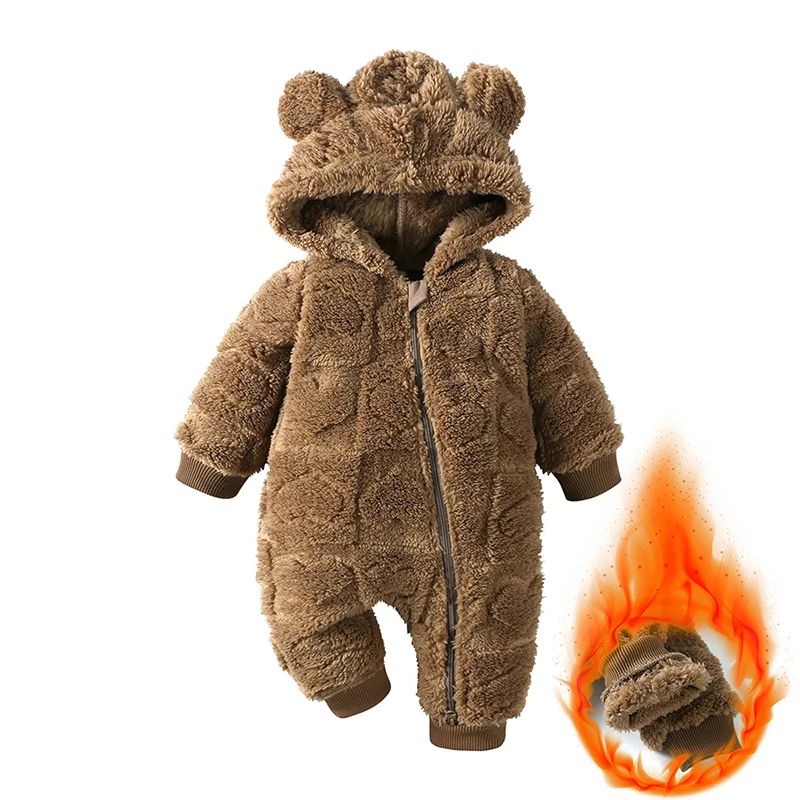 Cartoon Baby Clothes Boy Romper Long Sleeve Arctic Velvet Hooded Baby Girl Romper Winter Warm  Newborn Clothes 0-18 Months