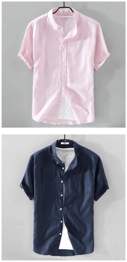 Short Sleeve Linen Shirt Men Simple Casual Retro Loose Style Youth Thin Basic Half Sleeve Cotton Linen Clothing