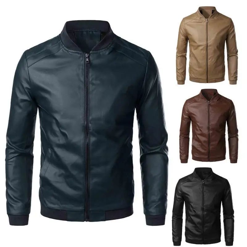 Casual Men's PU Leather Jacket Motorcycle Style Spring Autumn Fashion Slim Fit Stand Collar Outerwear Comfortable Menswear