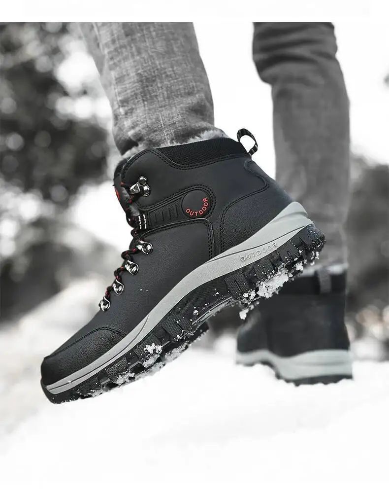 Botas de inverno masculinas com pele quente, antiderrapantes, sapatos casuais de trabalho masculinos, tênis de couro impermeáveis, botas de cano alto, tamanhos grandes