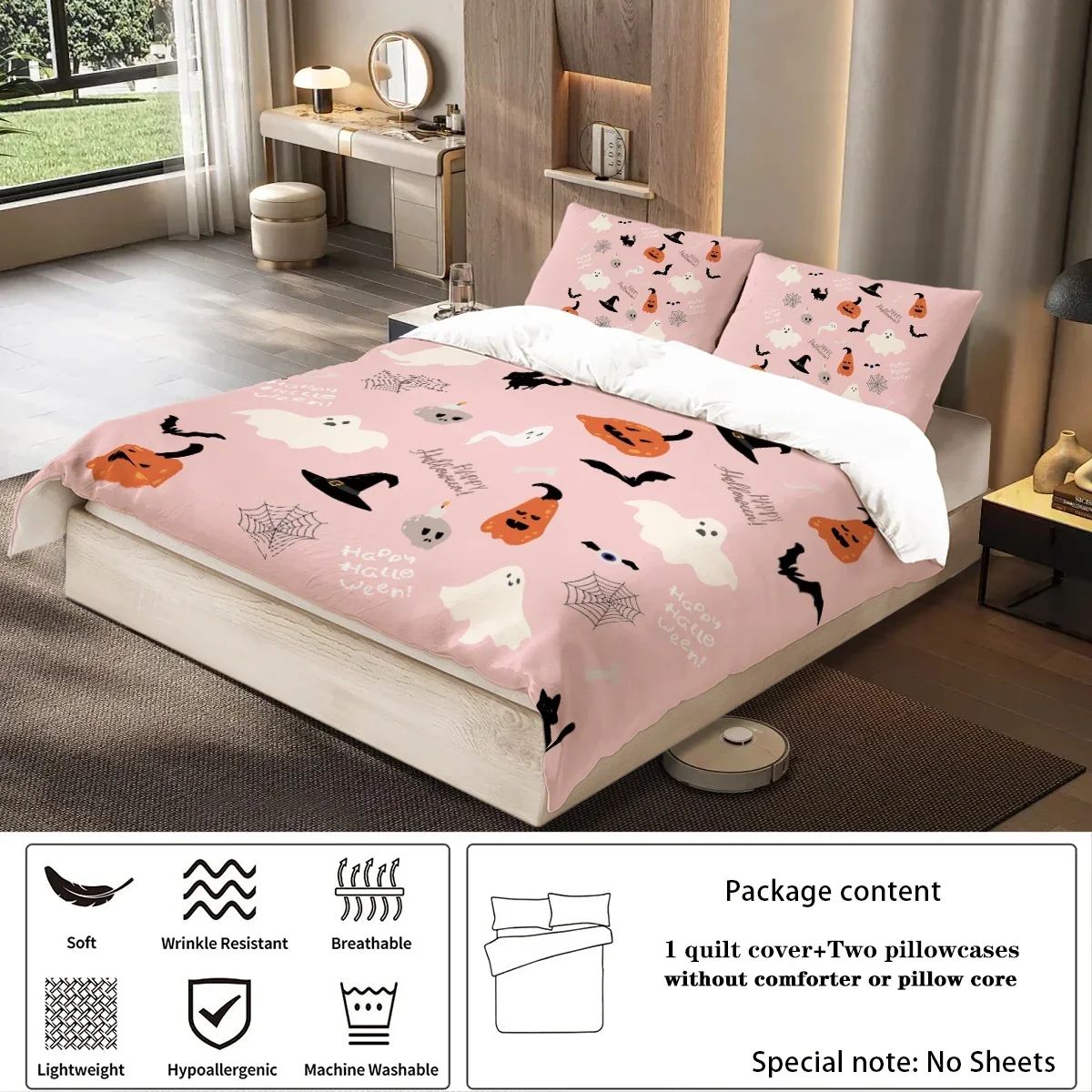 3-piece down duvet cover with Halloween theme cute ghost pattern print (1 duvet cover+2 pillowcases, no core) bedding set