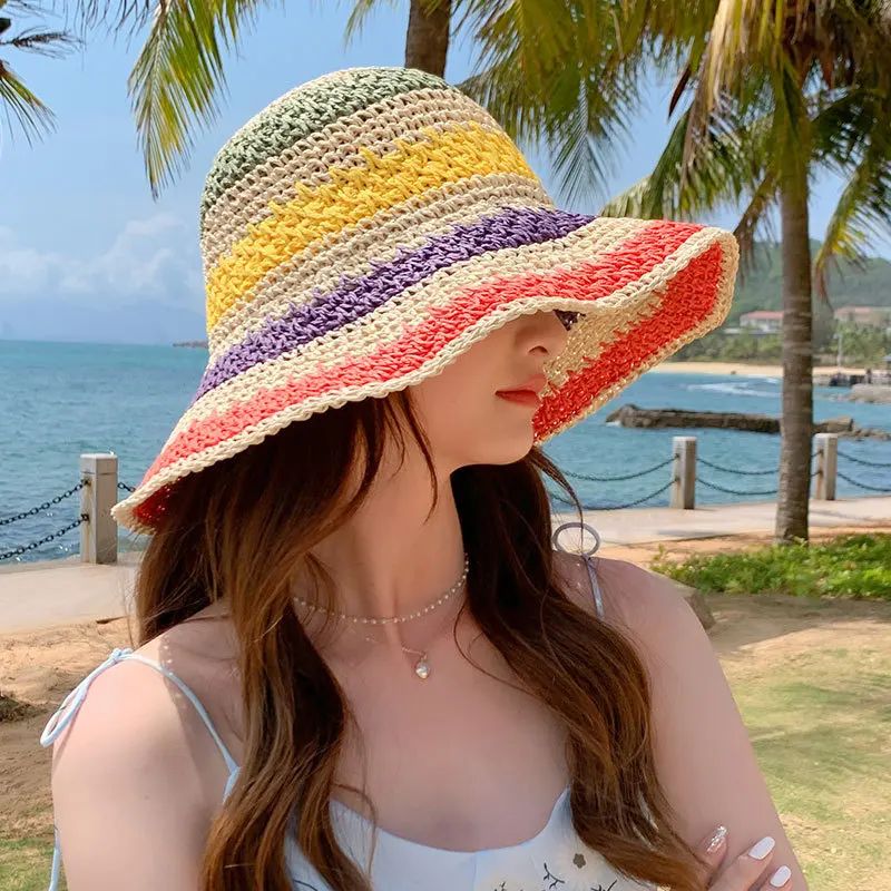 Rainbow Straw Hat Woman Summer Sun Visor Handmade Crochet Big Brim Bucket Hat Ladies Beach Sun Cap Boho Lady Girls Fashion Caps