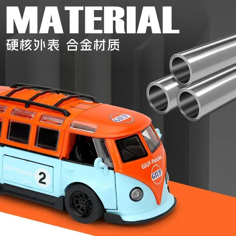 1:32 T1 Ônibus Modelo Som Luz Crianças Menino Brinquedo Veículo Colecionável Decoração de Casa Metal Miniatura Voiture