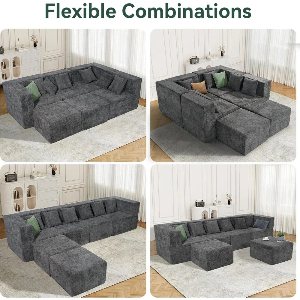 Cloud Modular Sectional Couch 4 Seater Convertible Chenille Sofa Set with Ottoman 130 Inch Living Room Furniture