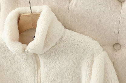 Women's Solid Color Fleece Coat Autumn Winter Warm Zipper Hoodie Loose Stand Collar Jacket Fashion Casual Elegant Ladies Clothes