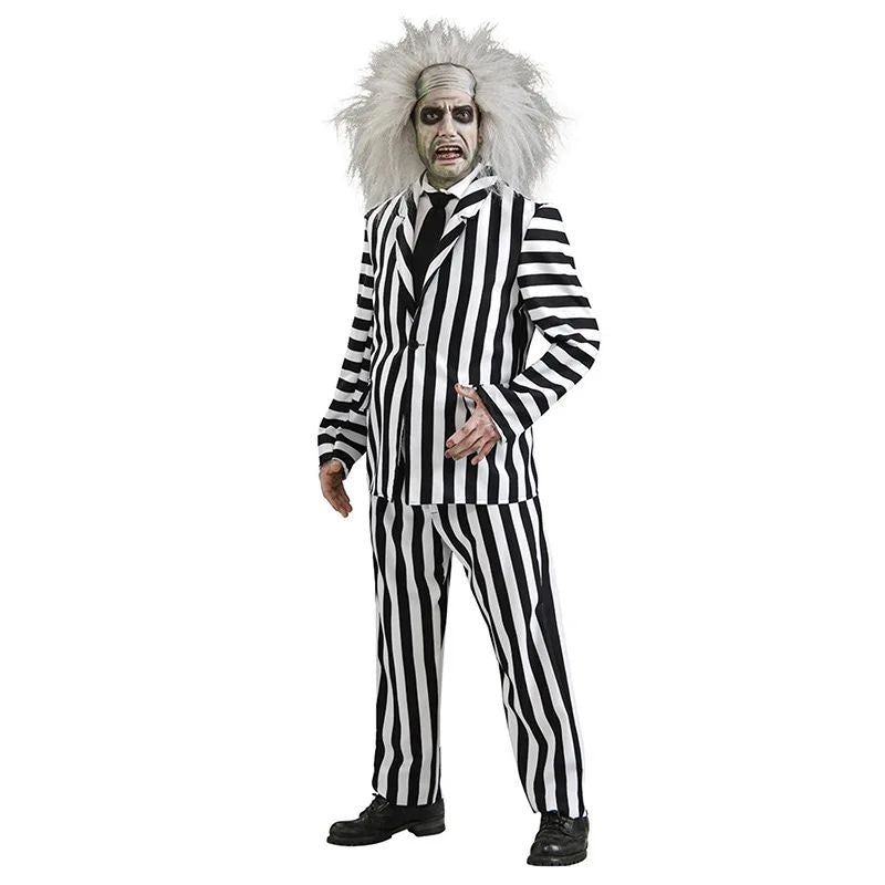 Miccosts Adult Kids Black and White Vertical Stripes Jacket Suit With Tie Halloween Infernal Master Cosplay Costume For Boy Men