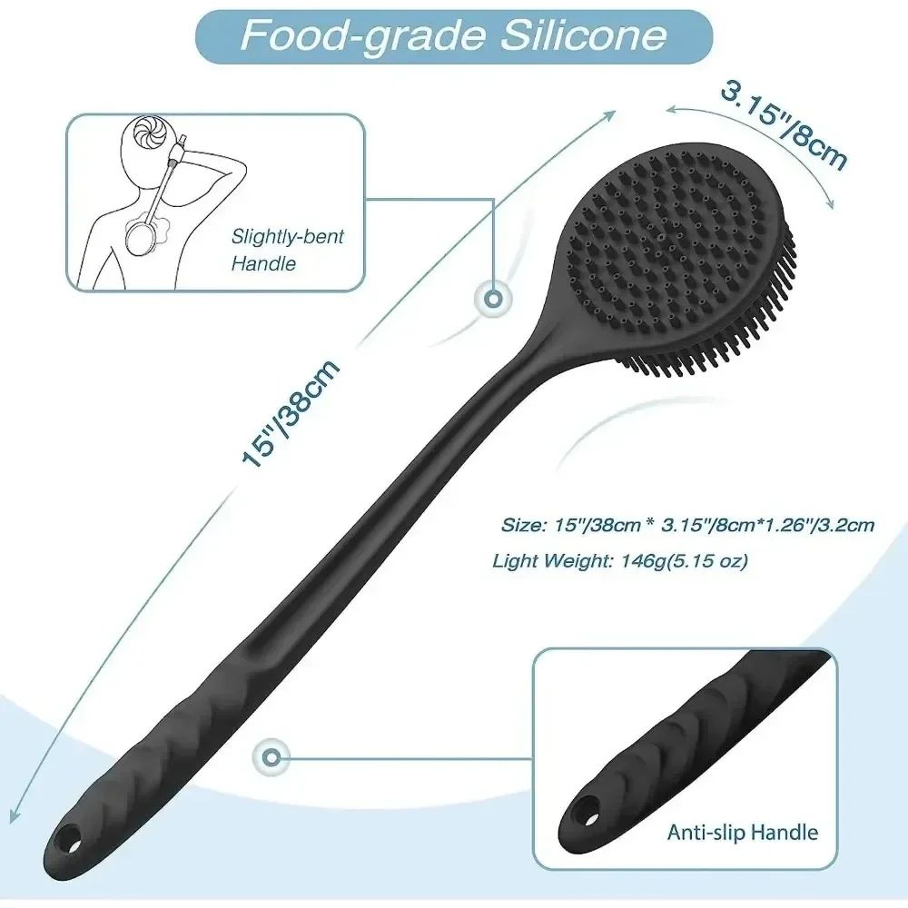 Double Sided Bath Brush Bath Puff Set Back Silicone Body Scrubber Silicone Long Handle Design for Body Exfoliation Deep Cleaning