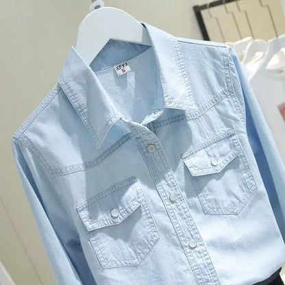 Women Blouse Denim Long Sleeve Spring Clothes Blue Lapel Shirt Blusas Mujer De Moda