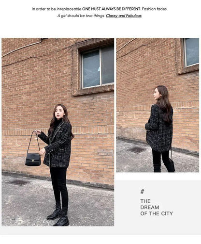 Thickened Cotton Tweed Coat for Women Spring Loose Plaid Outerwear Cozy Style Large Size Patchwork Small Suiting