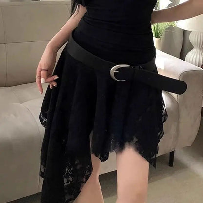 French Style Layered Lace Midi Skirt with Asymmetric Hem White Elegant Semi Formal Women Skirt Unique Design