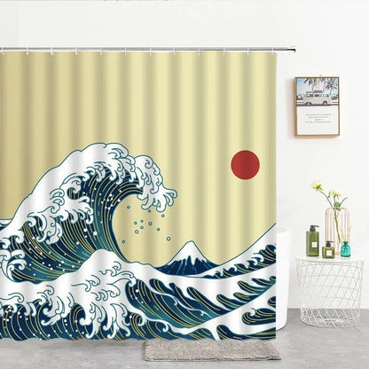 Japanese-style Waves Printing Shower Curtain with Hooks Home Decoration Bathroom Curtains 180x180cm Waterproof Polyester Fabric