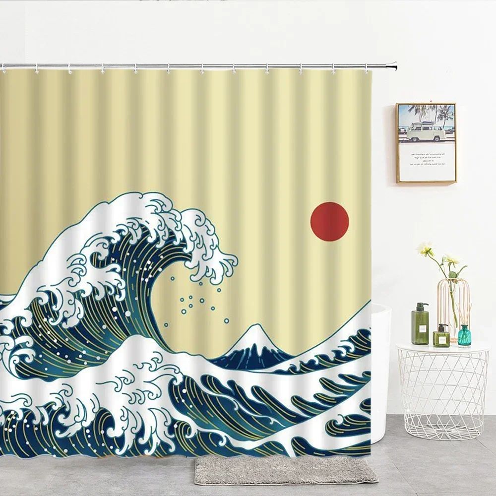 Japanese-style Waves Printing Shower Curtain with Hooks Home Decoration Bathroom Curtains 180x180cm Waterproof Polyester Fabric