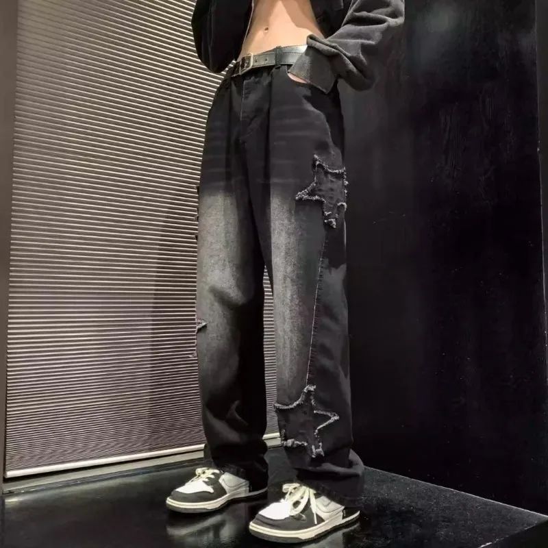 2025 Novas Estrelas da Moda Toalha Bordada Calças Jeans Marrons Masculinas Roupa Y2K Calças Retas Hip Hop de Algodão Pantalon Homme
