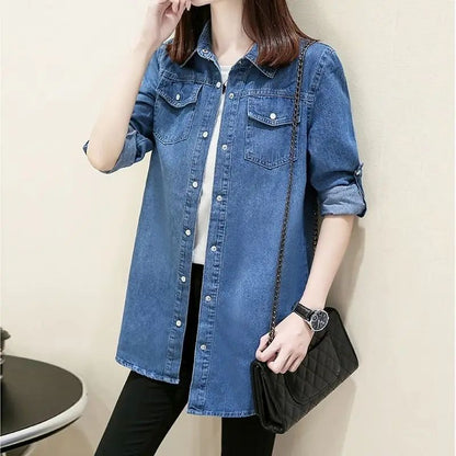Loose Women's Denim Shirt Long Sleeve Mid-Length Slim Fit plus Size Spring Autumn New Style Student Outerwear Casual Shirt