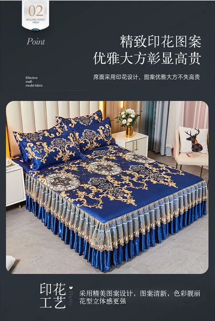 Kit 3 Peças de Lençol de Casal com Renda Clássica Azul Royal, Saia para Cama, Colcha de Casamento Lavável à Máquina, Capa de Colchão