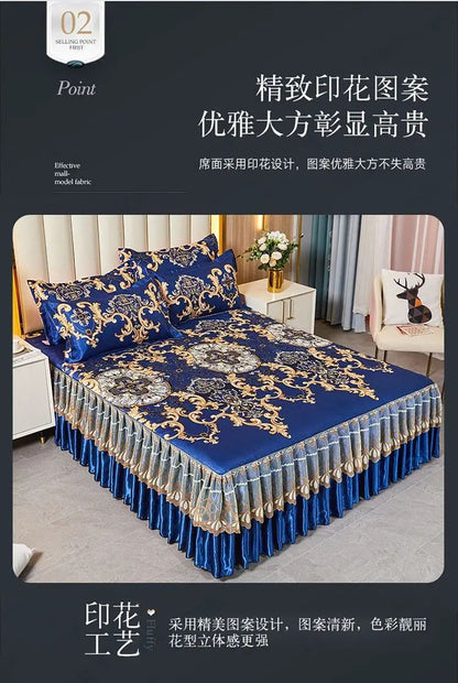 Kit 3 Peças de Lençol de Casal com Renda Clássica Azul Royal, Saia para Cama, Colcha de Casamento Lavável à Máquina, Capa de Colchão
