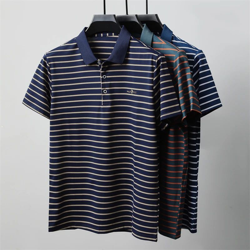 Men's Casual and Fashionable Striped Short Sleeved Polo Shirt Summer Comfortable Sweat Absorbing Breathable and Versatile Top