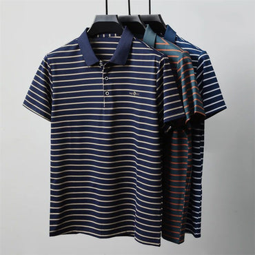 Men's Casual and Fashionable Striped Short Sleeved Polo Shirt Summer Comfortable Sweat Absorbing Breathable and Versatile Top
