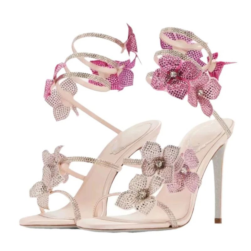 Sandália Feminina Sexy Eilyken com Flores de CRISTAL Salto Fino Alto Tiras Finas no Tornozelo Estilo de Rua Sapatos de Pole Dance