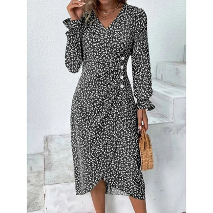 Elegant Floral Pleated H shaped Midi Dress Female V Neck Puff Sleeve Waist Ruche