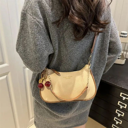 Cherry Pedant Shoulder Underarm Bag Women's Fashion Handbags Causal Hobos Purses Ladies Hand Bags Pu Leather for Work Travel