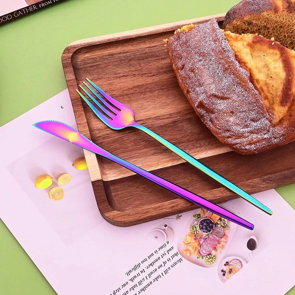 Conjunto de Talheres de Aço Inoxidável 16 Peças Rainbow para Jantar Faca Garfo de Bolo Colher Conjunto de Talheres de Mesa de Cozinha