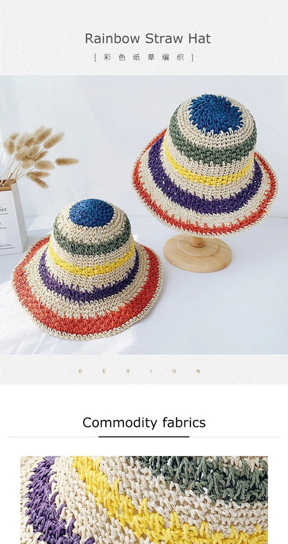 Rainbow Straw Hat Woman Summer Sun Visor Handmade Crochet Big Brim Bucket Hat Ladies Beach Sun Cap Boho Lady Girls Fashion Caps
