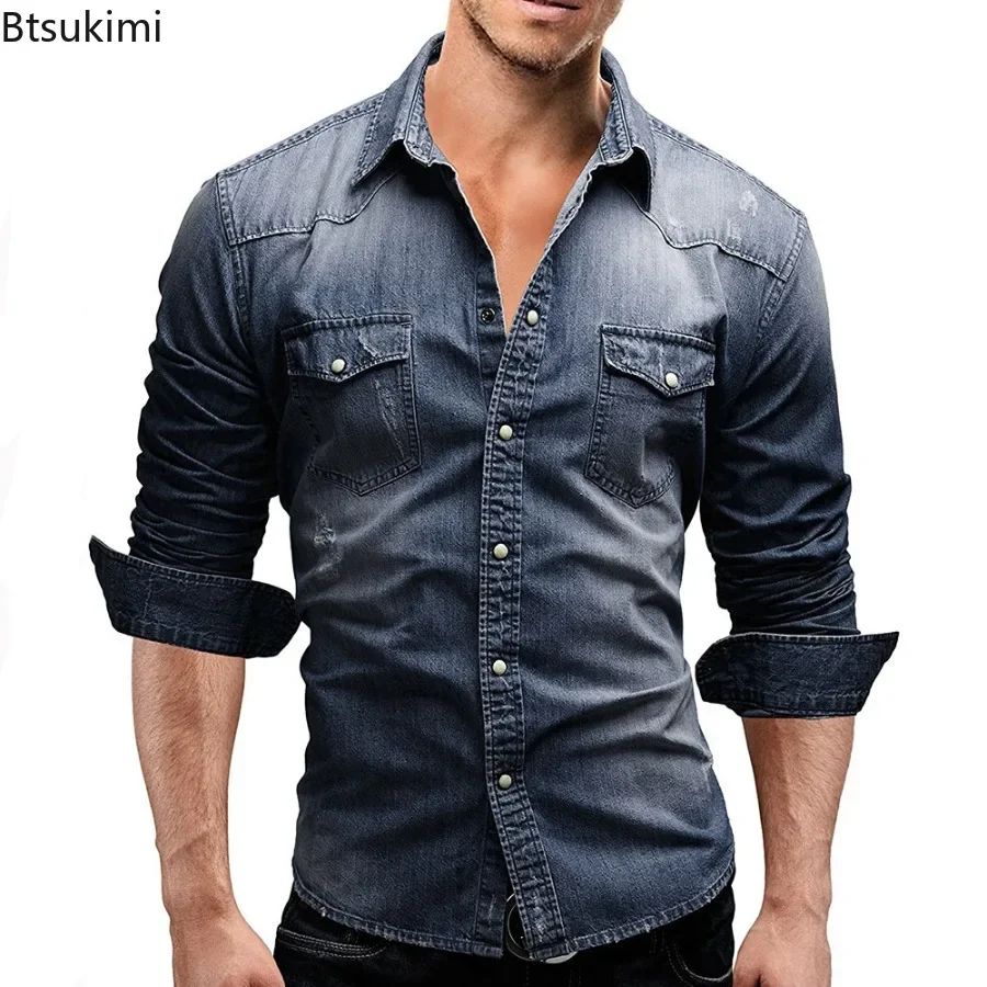 New 2025 Men's Denim Shirt Fashion Short Sleeve Soft Solid Slim Cowboy Tops Men Trend Streetwear Vintage Casual Cardigan T-shirt